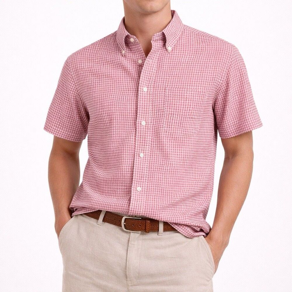 Brooks Brothers Baird Mcnutt Shirt Men Small Plaid Check Red Linen Short Sleeve